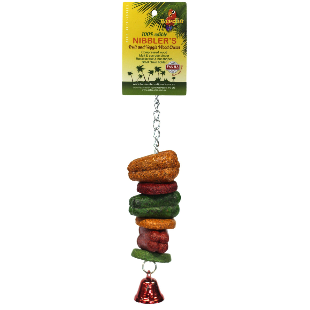 Birdie Nibbler Capsicum & Fruit Kabob on its green Nibbler's card, stacked orange, green and red discs above a bell