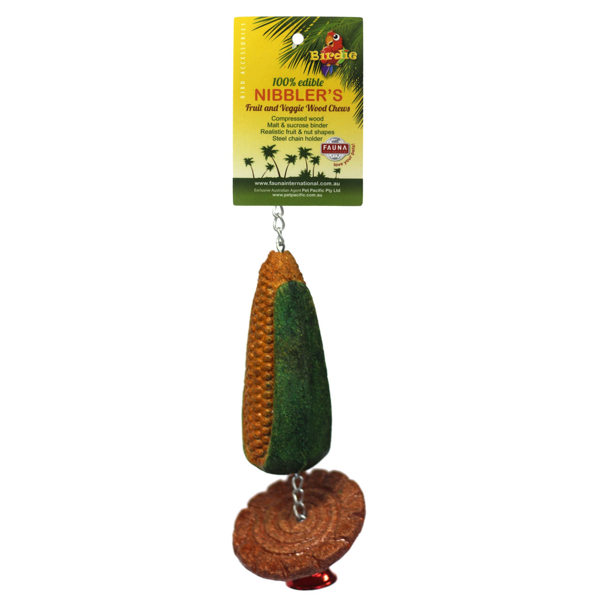Birdie Nibbler Corn Cob & Zucchini Slice on its green Nibbler's card, a corn cob above a ridged brown slice
