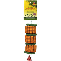 Birdie Nibbler Jumbo Corn Segments and Cucumber Slices on its green Nibbler's card, with a red bell below