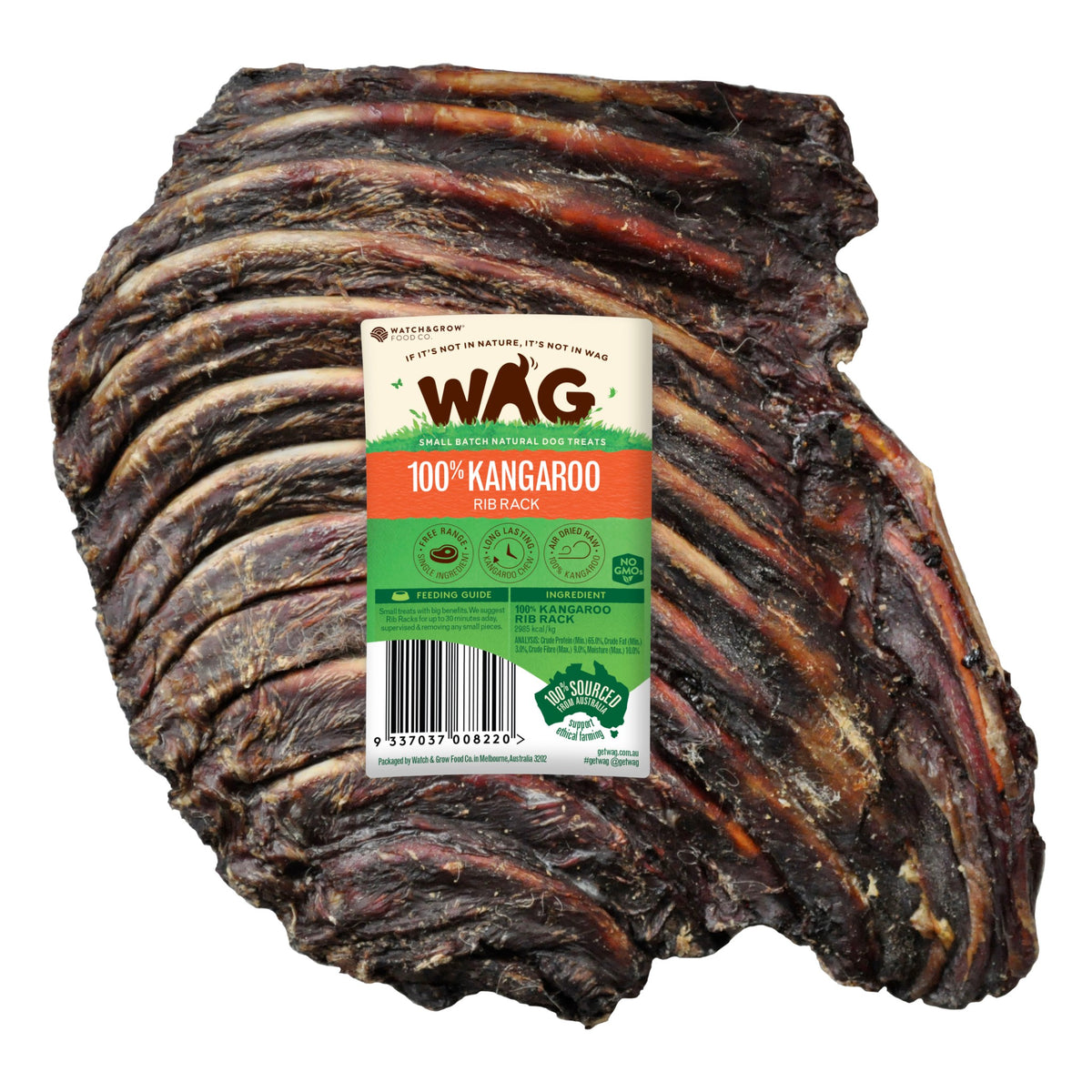 Packaging front, WAG Kangaroo Rib Rack bag with paw print graphic