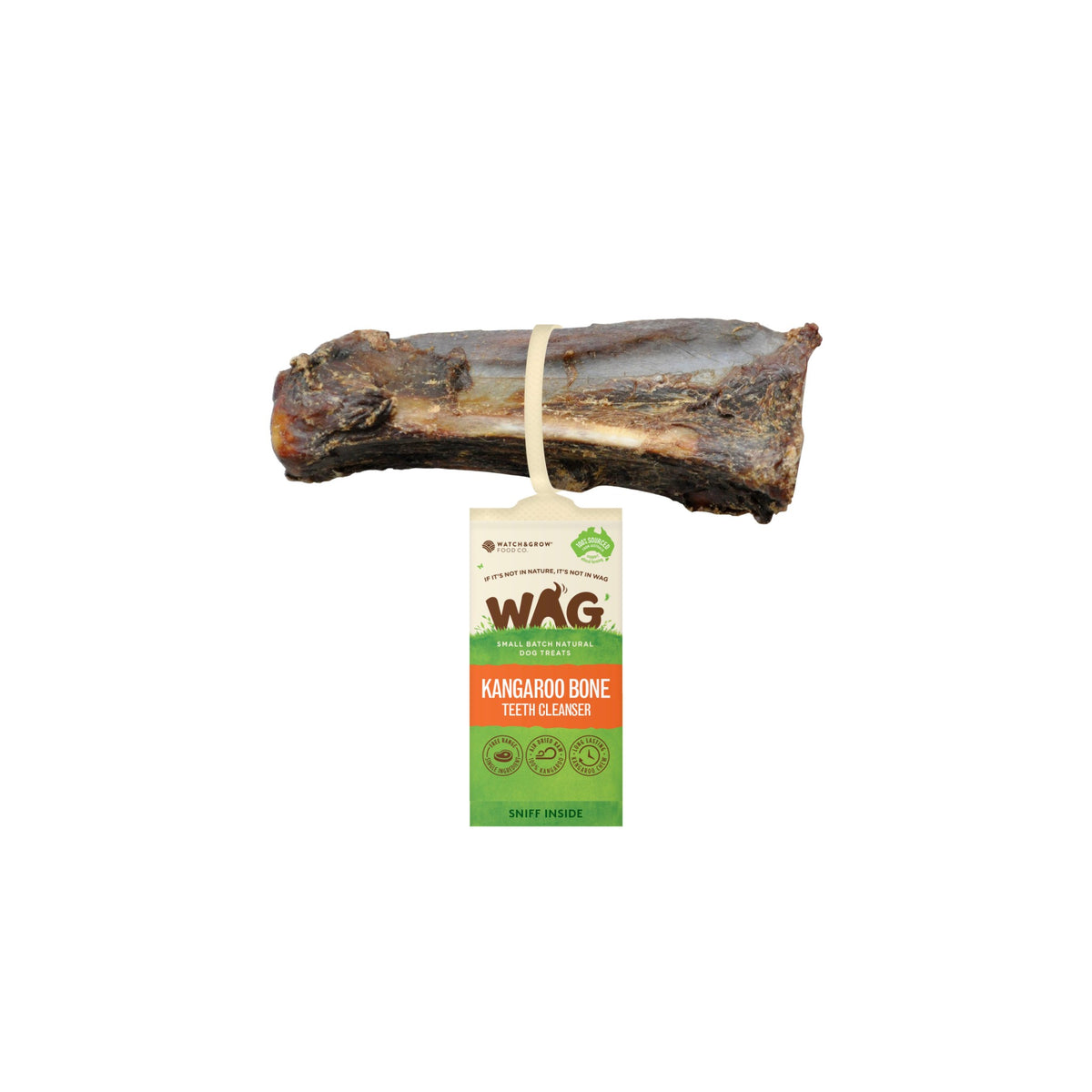Kangaroo teeth cleanser bone with WAG hang-tag, tied with string