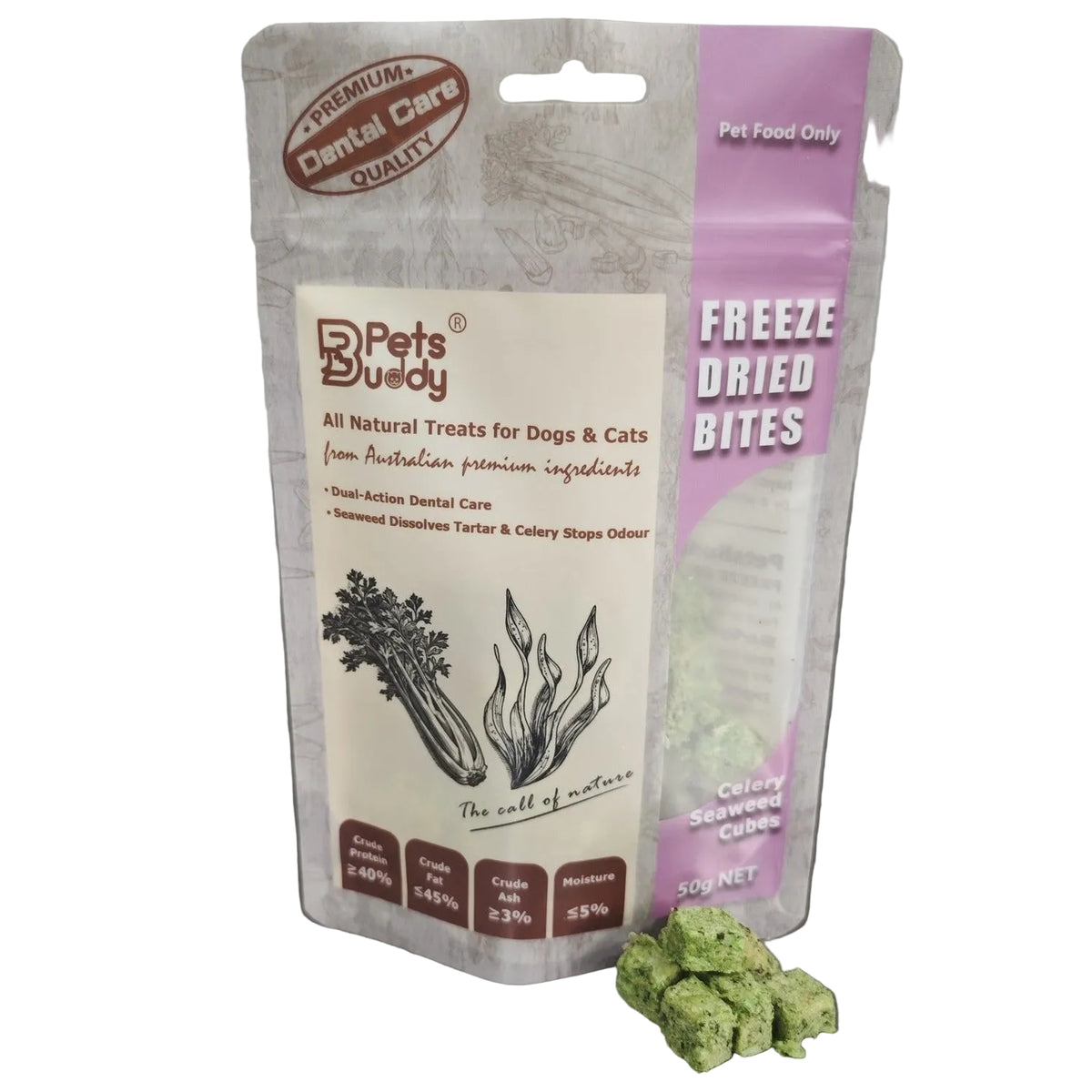 PetsBuddy Dental Care celery and seaweed freeze-dried treats 50g pack, front of bag with cubes