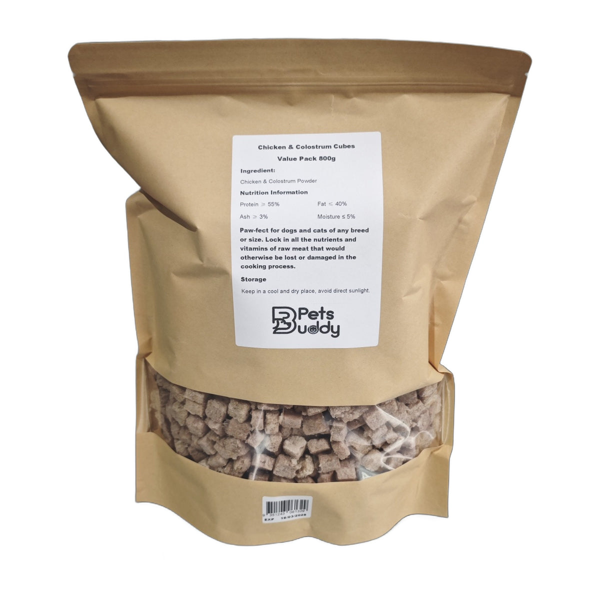 PetsBuddy Chicken & Colostrum Cubes 800g label showing ingredients, nutrition information and storage
