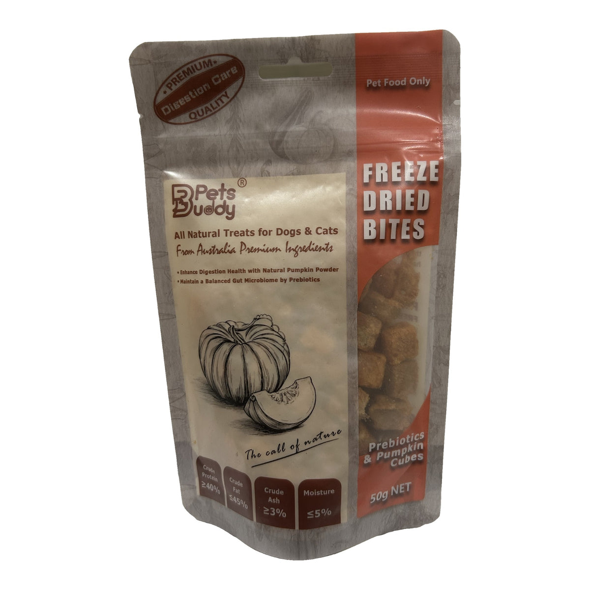 PetsBuddy Prebiotics & Pumpkin Cubes 50g pack, front of bag with freeze-dried cubes