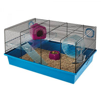 Ferplast MILOS cage for hamsters and mice with a blue base, hideout, wheel and bowl