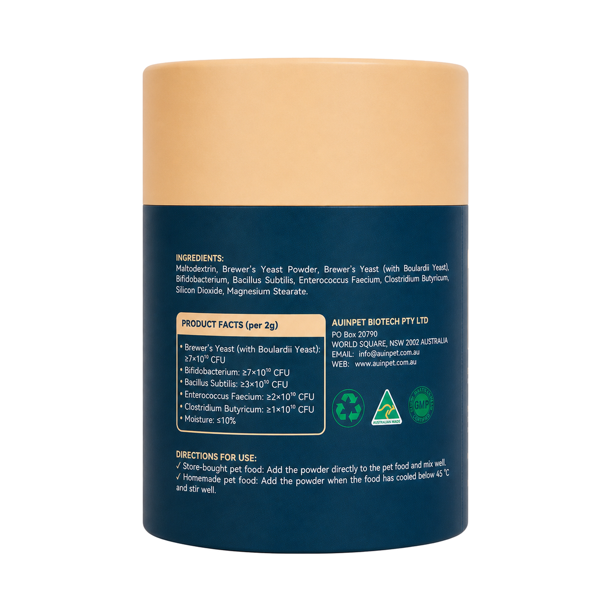 Side panel of the Auinpet Probiotic Powder for Pets tube listing ingredients, product facts and directions