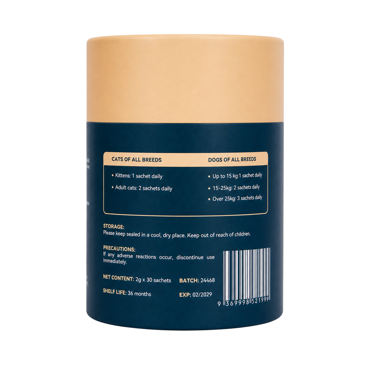 Back of the Auinpet Probiotic Powder for Pets tube with the daily sachet guide for cats and dogs, and barcode