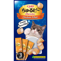 Ciao Churu Bee Chicken Fillet, front of the 3-sachet pack of puffy bites with a creamy centre