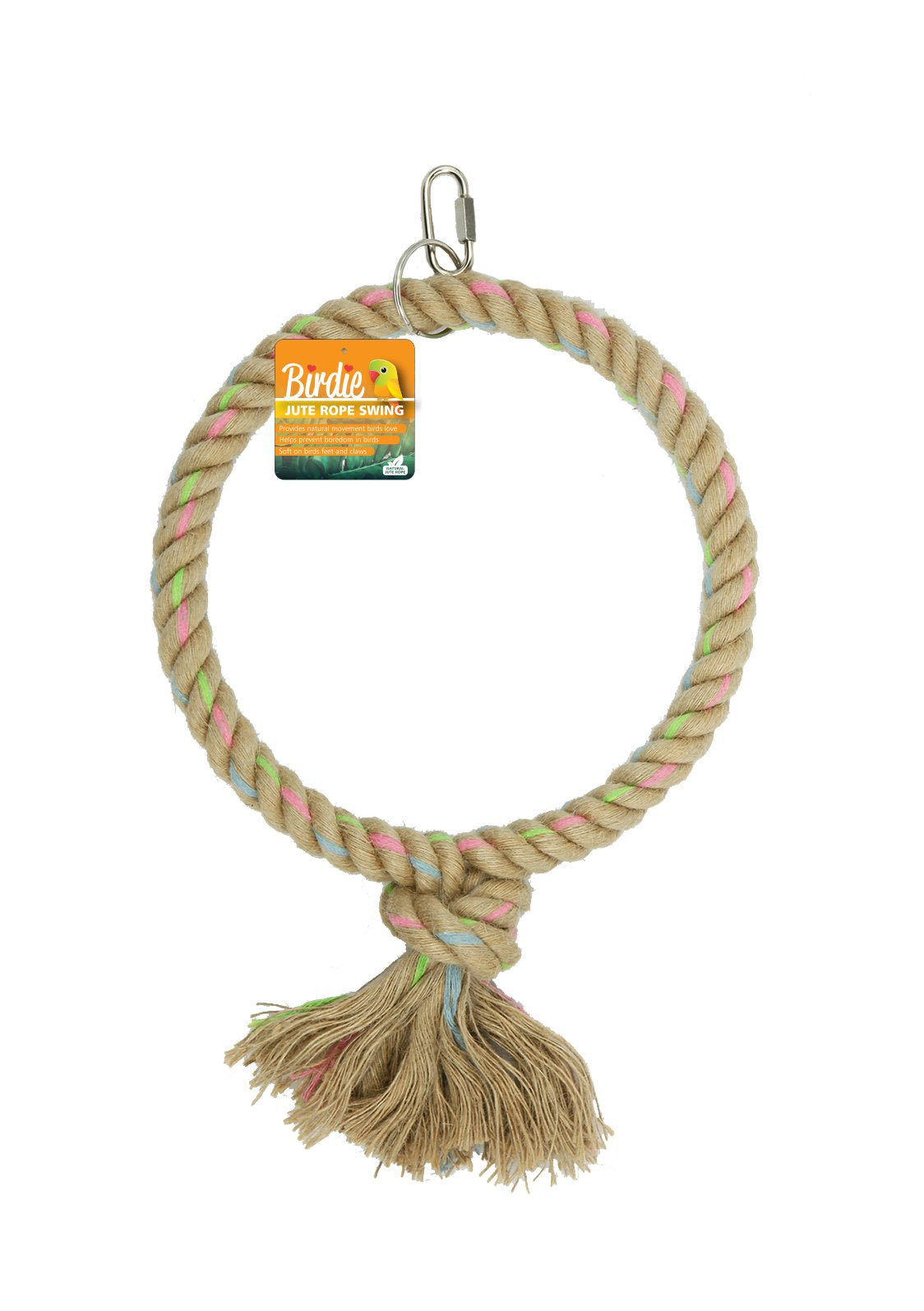 Birdie Jute Parrot Ring Single 20cm, a jute-wrapped ring with a knotted tassel and a Birdie hang tag