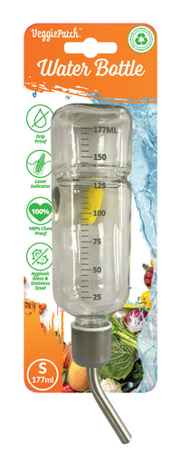 Veggie Patch Glass Water Bottle 177ml with stainless steel drinking tube, on card