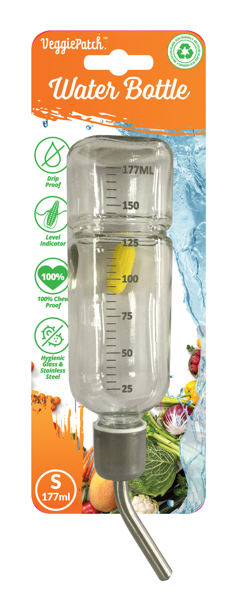 Veggie Patch Glass Water Bottle 177ml with stainless steel drinking tube, on card