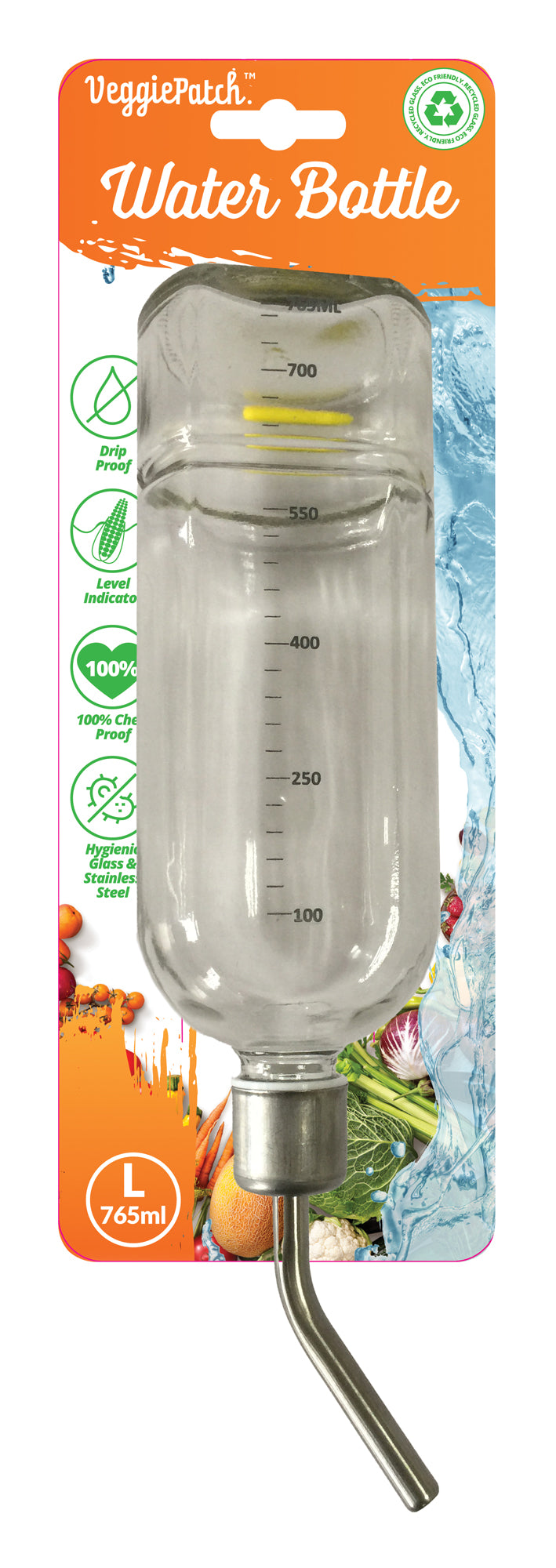 Veggie Patch Glass Water Bottle 765ml with stainless steel drinking tube, on card