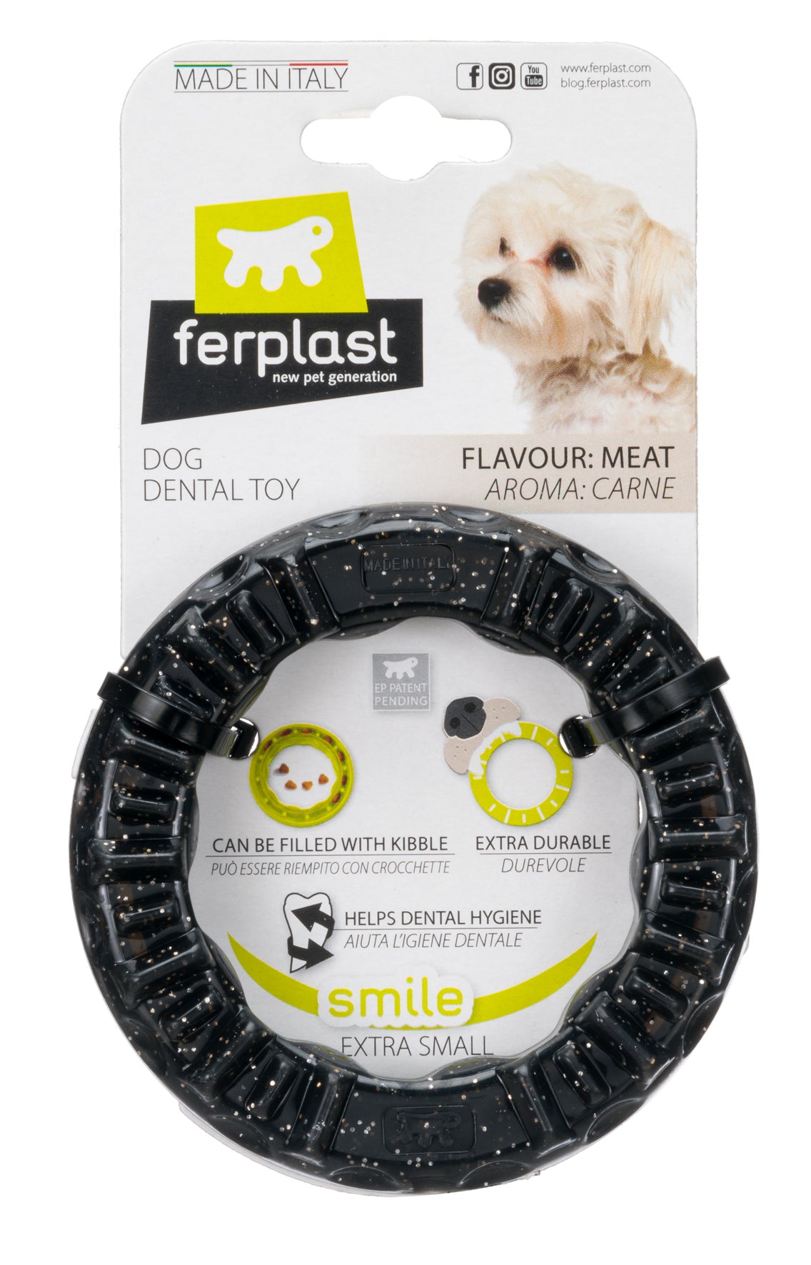 Ferplast Smile Ring dog dental toy in black, extra small, carded with a dog photo