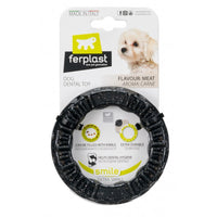Ferplast Smile Ring dog dental toy in black, extra small, carded with a dog photo