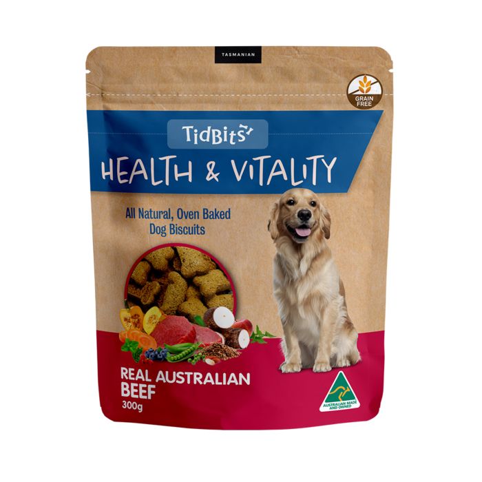 Tidbits Health & Vitality Grain Free Beef Dog Biscuits - 350g | PeekAPaw Pet Supplies