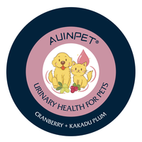 Auinpet Urinary Health for Pets lid from above, cartoon dog and cat with cranberries on the label