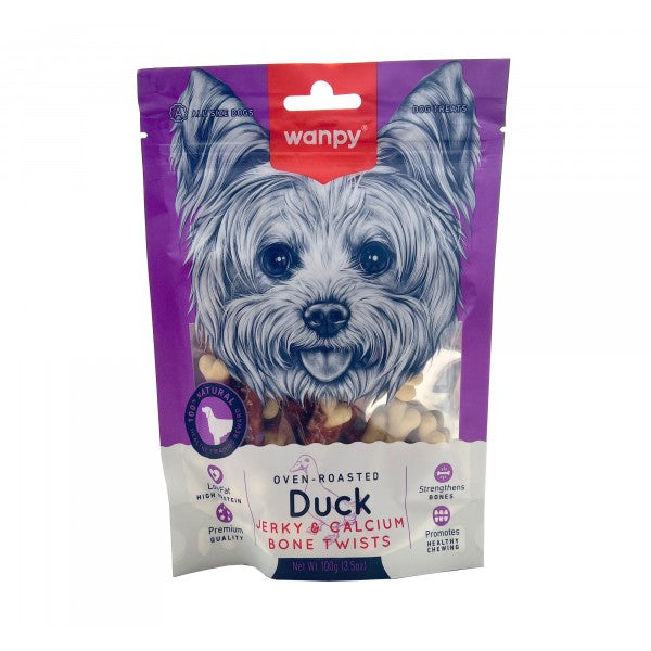 Wanpy Premium Dog Treats Oven-Roasted Duck Jerky & Calcium Bone Twists - 100g | PeekAPaw Pet Supplies