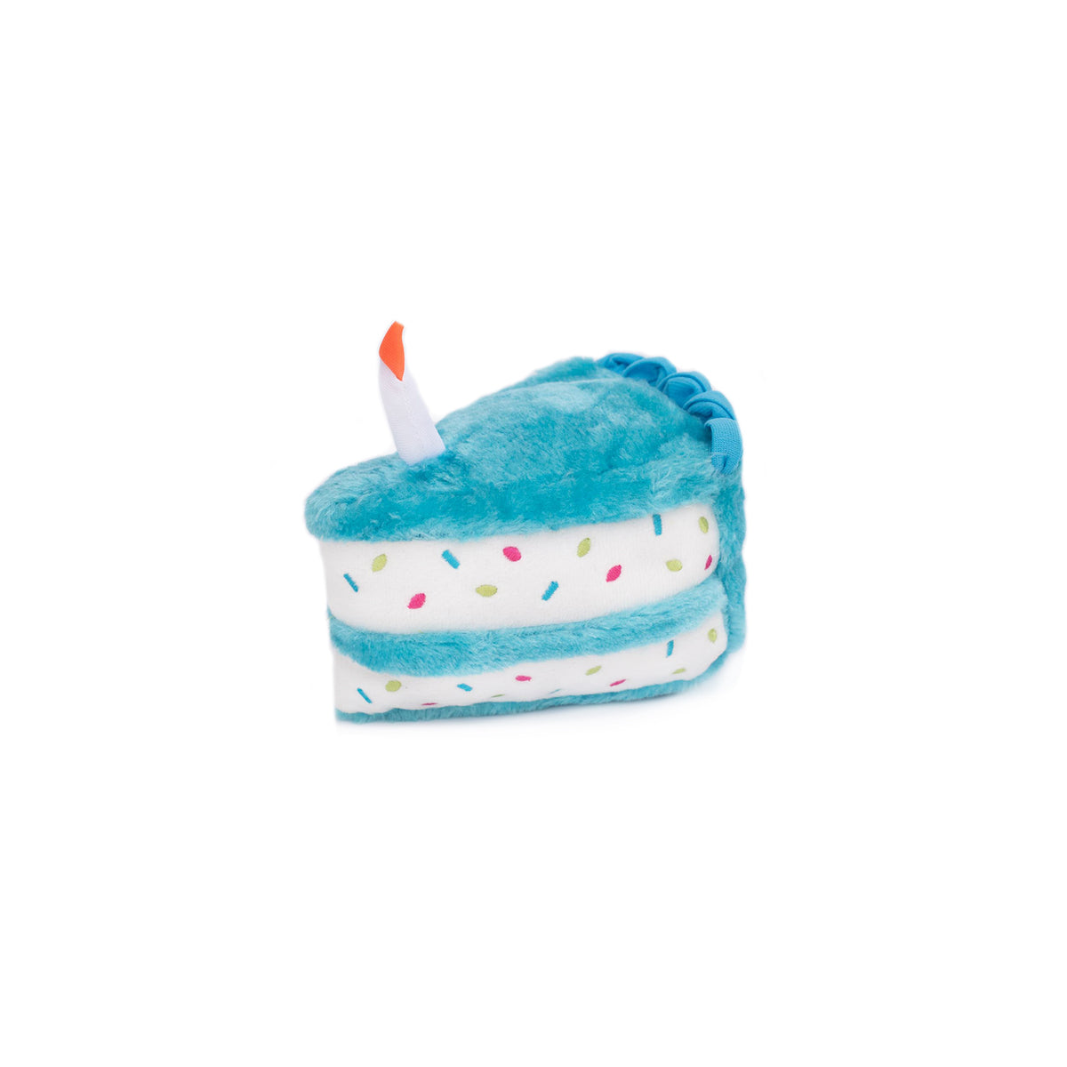 Zippy Paws Birthday Cake dog toy in blue, plush cake slice with a candle