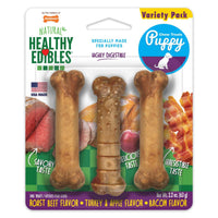 Front of the Nylabone Natural Healthy Edibles puppy variety pack, three chew treats in three flavours