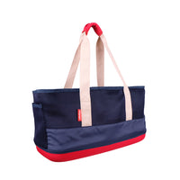 Ibiyaya Breathable Pet Carrier in navy and red, angled view with its cream carry straps