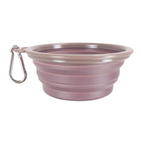 Ibiyaya collapsible travel pet bowl in aubergine, opened out with its carabiner clip attached