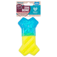 Rosewood Chillax Cool Soak bone dog toy in blue and yellow with its header card