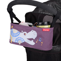 Ibiyaya pet stroller organiser in the hippo print, fitted to a pram handlebar and holding drinks