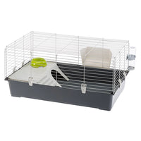 Ferplast Rabbit 100 cage, white wire top on a dark grey base with green bowl, hay rack and bottle