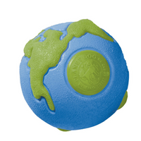 Planet Dog Orbee-Tuff Planet Ball dog toy, a blue and green globe-patterned rubber ball
