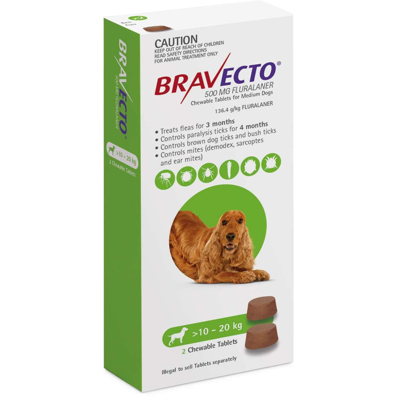 Bravecto Dog Chew Green 10-20kg 2 Tablets