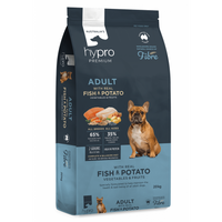 Front of the 20kg Hypro Premium Wholesome Grains Fish & Potato adult dog food bag, with a French bulldog
