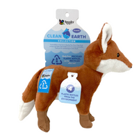 Spunky Pup Clean Earth recycled plush fox dog toy, small, on its blue Clean Earth header card