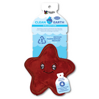 Spunky Pup Clean Earth recycled plush red starfish dog toy, small, on its Clean Earth header card