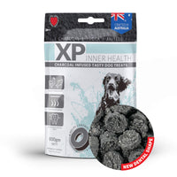 XP Inner Health charcoal infused dog treats 600g pack with a close-up of the round dental chews