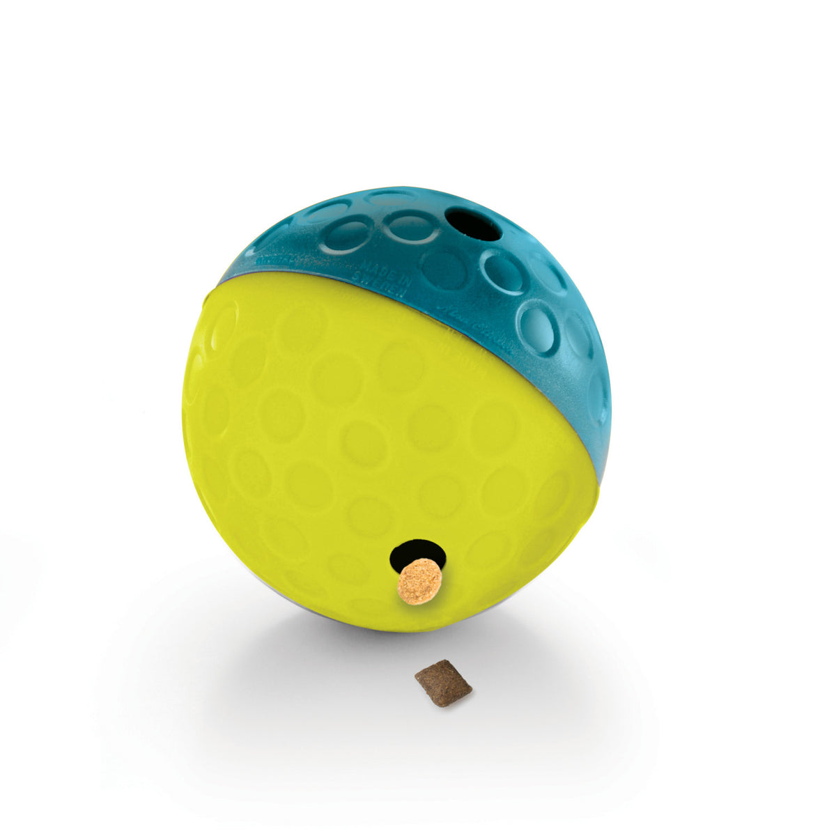 Nina Ottosson Dog Treat Tumble Level 1 dog toy, blue and yellow dimpled ball with a treat opening