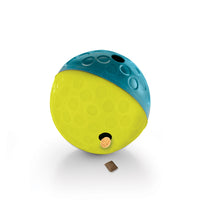Nina Ottosson Dog Treat Tumble Level 1 dog toy, blue and yellow dimpled ball with a treat opening