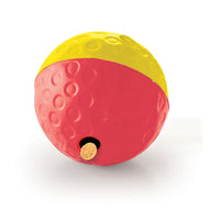 Nina Ottosson Dog Treat Tumble Level 1 dog toy, red and yellow dimpled ball with a treat opening
