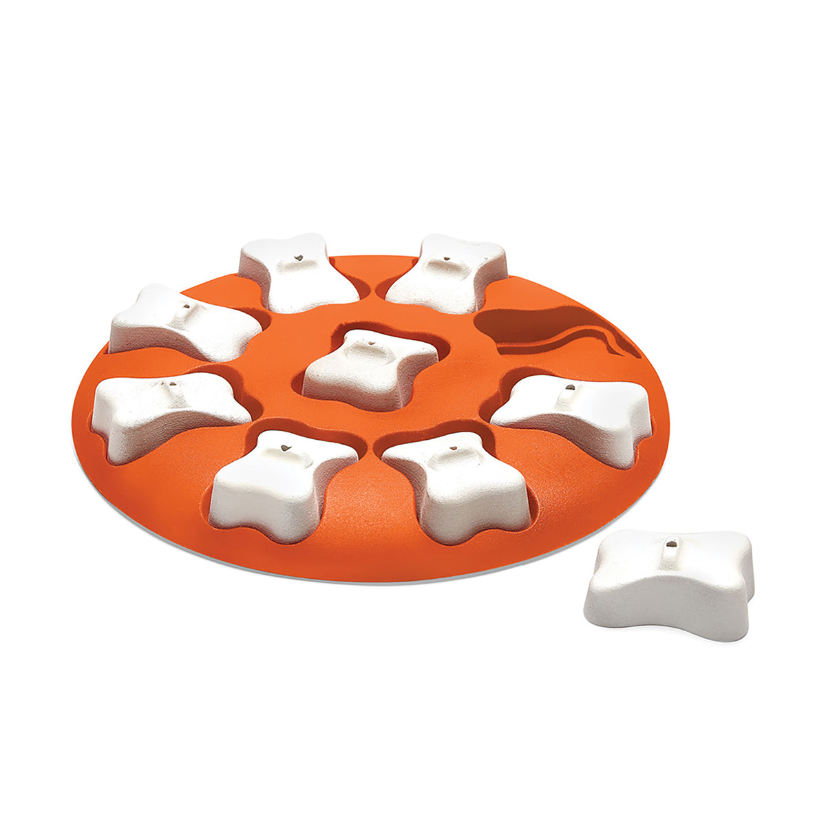 Nina Ottosson Dog Smart Level 1 puzzle, orange disc with white bone-shaped treat covers