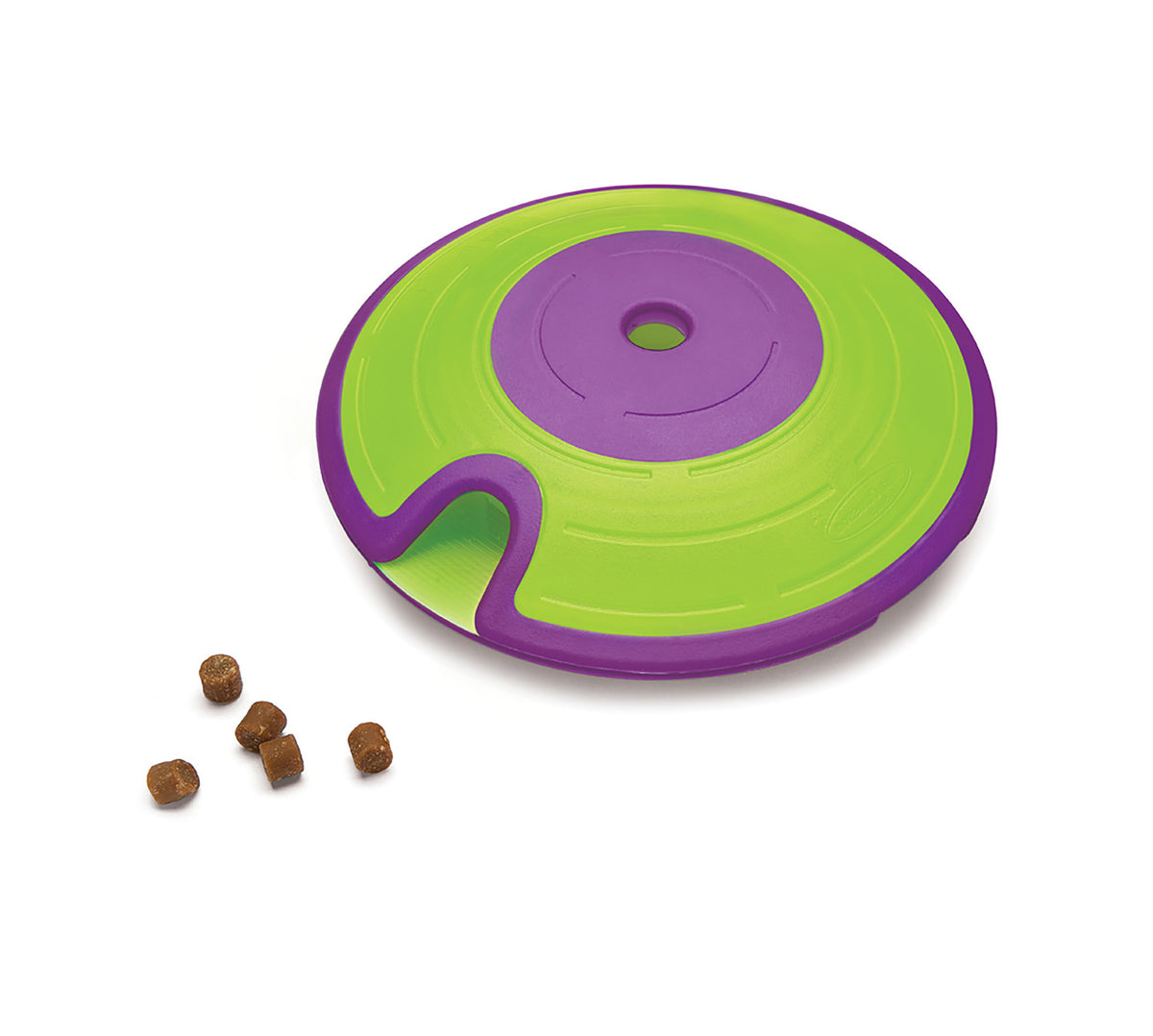 Nina Ottosson Dog Treat Maze Level 2 puzzle, green disc with a purple spiral maze and treats
