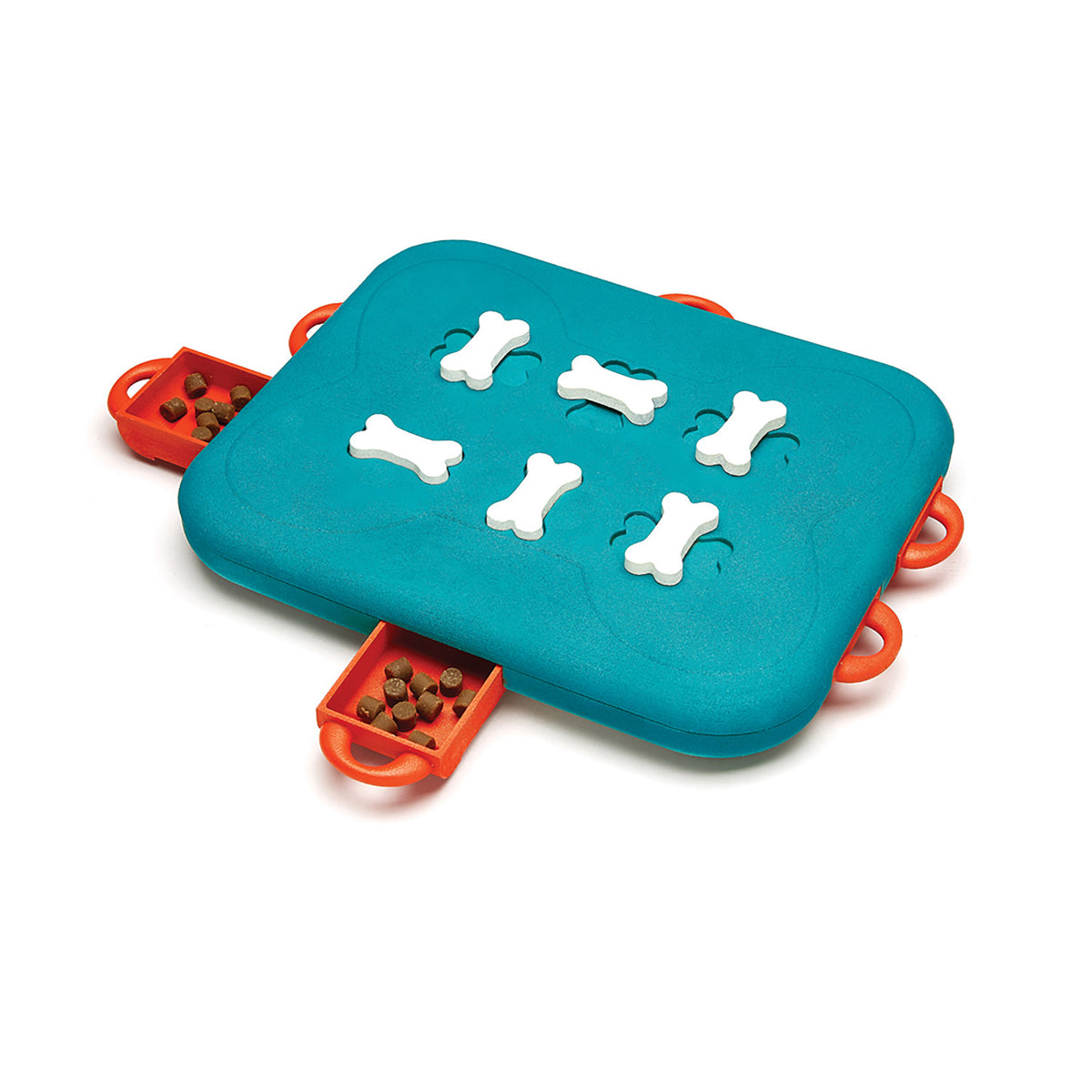 Nina Ottosson Dog Casino Level 3 puzzle, teal board with white bone pegs and orange sliding drawers