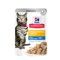 Hill's Science Diet Urinary Hairball Control Adult 1+ with Ocean Fish cat food pouch, front of pack