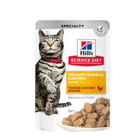 Hill's Science Diet Urinary Hairball Control Adult 1+ Tender Chicken cat food pouch, front of pack