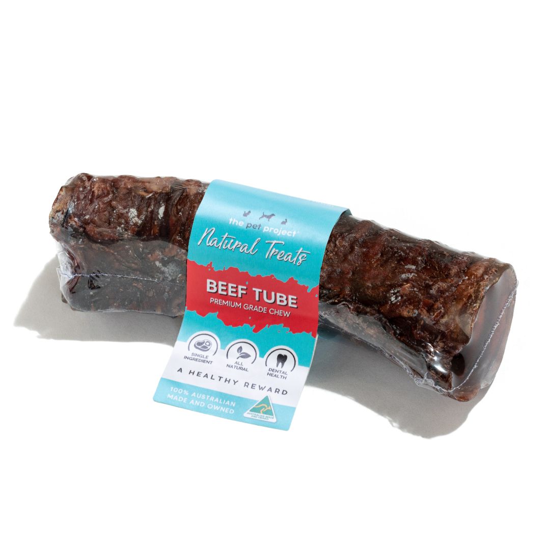 The Pet Project Natural Treats Beef Tube, a single dried beef trachea with its paper label band