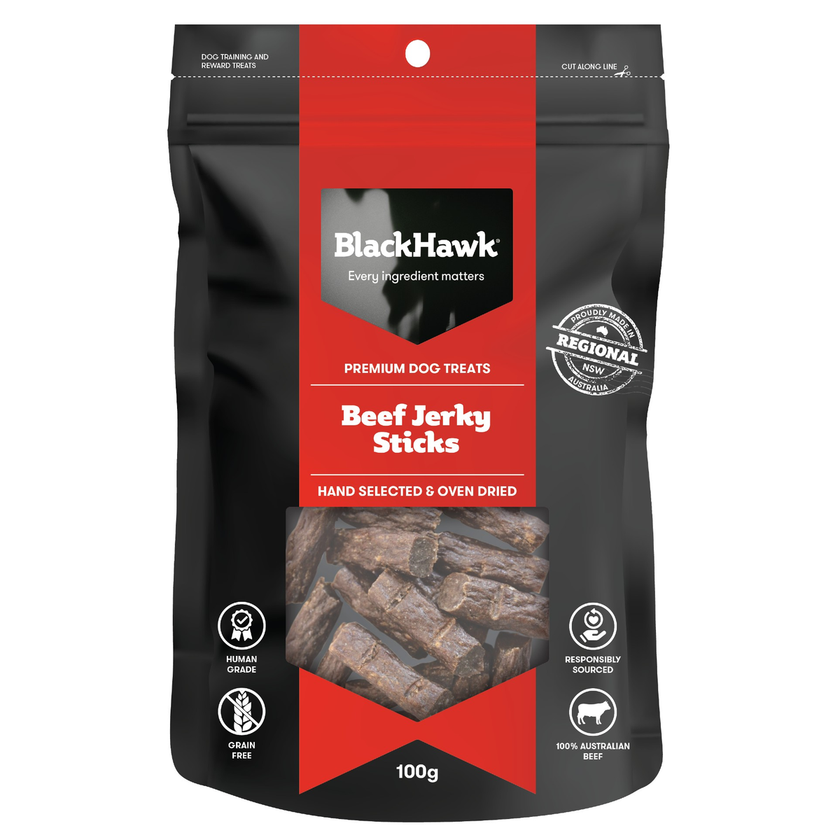 Black Hawk Beef Jerky Sticks dog treats, 100g – front of pack
