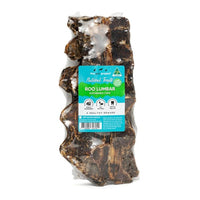 The Pet Project Natural Treats Roo Lumbar, a single kangaroo lumbar chew with its paper label band