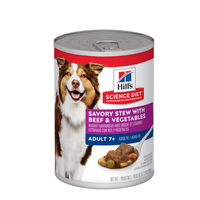 Hill's Science Diet Adult 7+ Savoury Stew with Beef and Vegetables canned dog food, front of the can