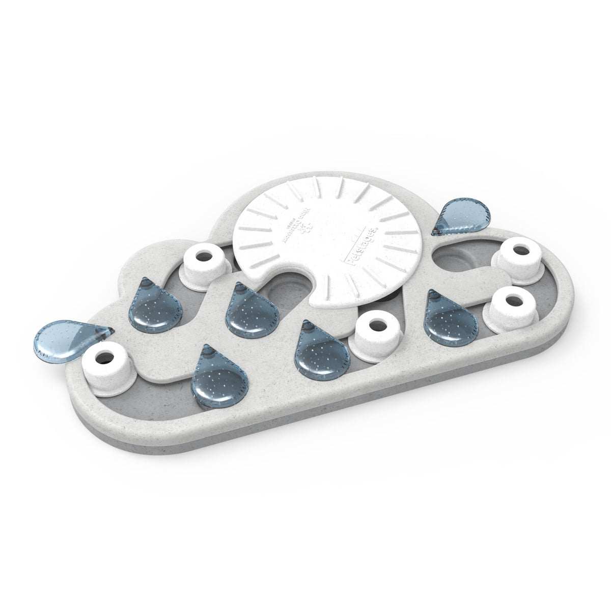 Nina Ottosson Rainy Day Level 3 cat puzzle, grey and white cloud board with raindrop covers and spinner