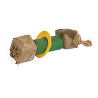Rosewood bamboo dumbbell chew with green rings and twisted paper ends for small pets