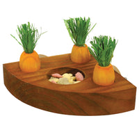Rosewood Carrot Toy n Treat Holder, a wooden corner shelf with carrot pegs and a treat bowl