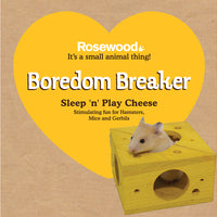 Rosewood Sleep n Play Cheese wooden hide for hamsters, mice and gerbils, with a hamster on top